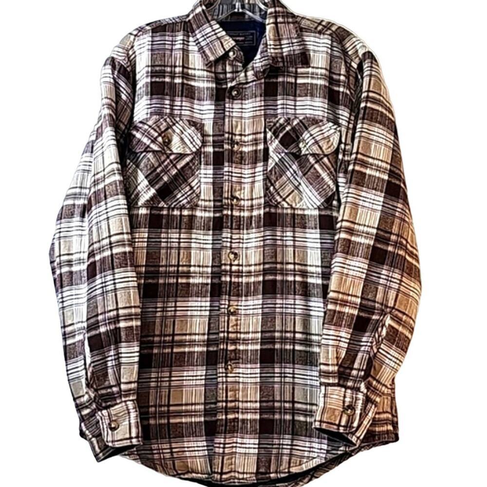 Wrangler Mens Sz Small Brown Plaid Flannel Pockets Quilted Lined Shacket Jacket